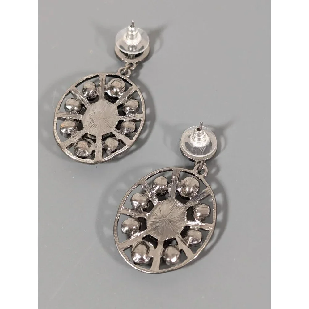 Two Tone‎ Rhinestone Oval Dangle Earrings Modernist Industrial Statement Bold